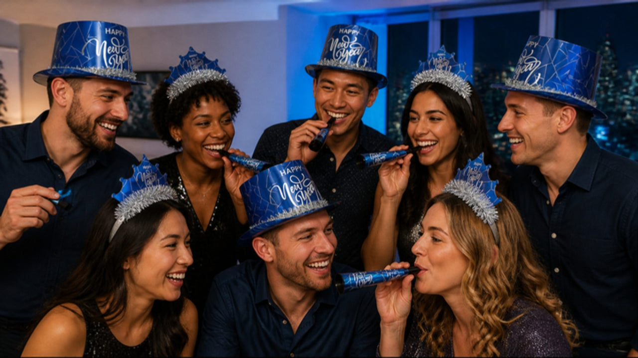 Midnight Blue New Year Party Kit for 50 in use: friends wearing blue foil Happy New Year top hats and blue tiaras with silver fringe, blowing blue printed foil horns
