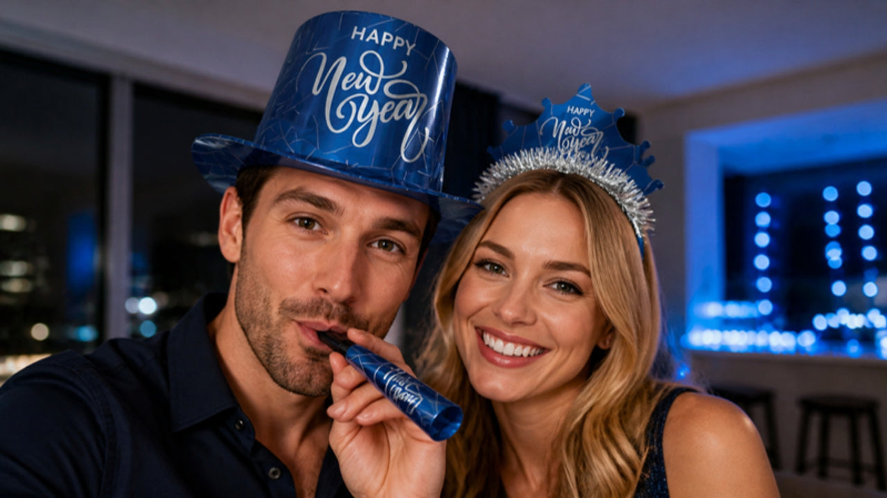 Midnight Blue New Year Party Kit couple: man in a blue foil Happy New Year top hat blowing a blue printed foil horn, woman in a blue Happy New Year tiara with silver fringe