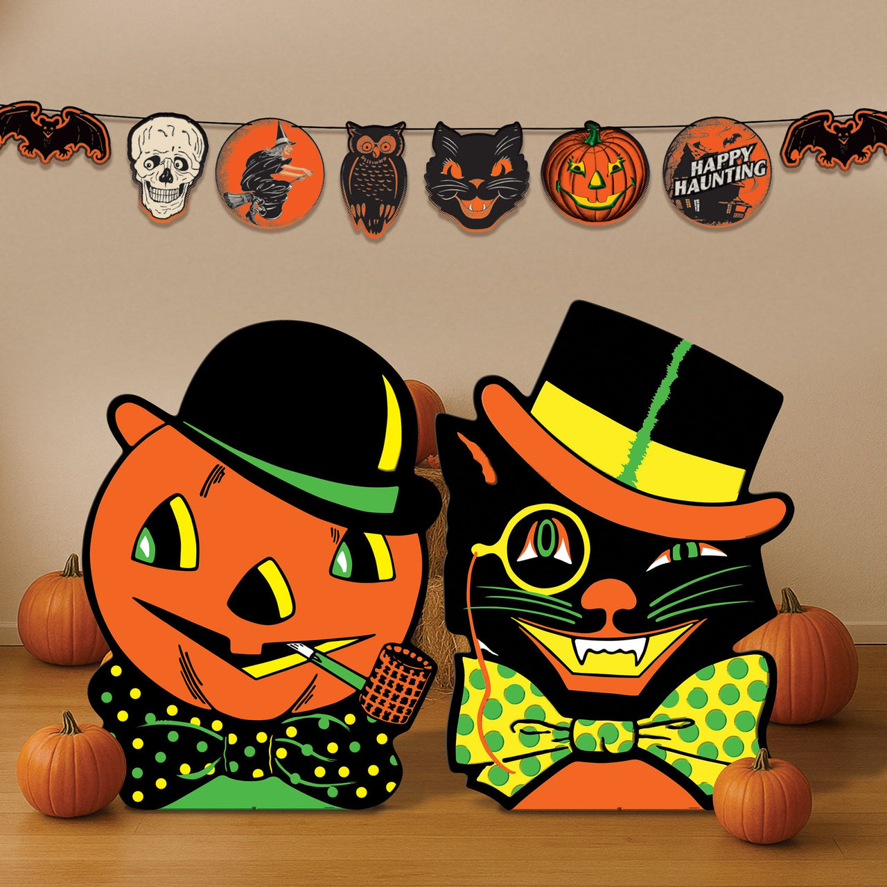 Vintage Halloween Cat & Jack-O'-Lantern Stand-Ups (2-Pack)