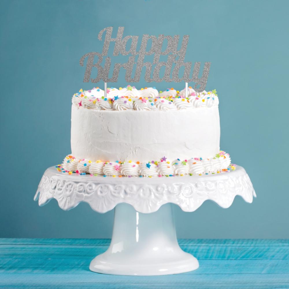 12ct Bulk Silver Glitter Happy Birthday Cake Toppers