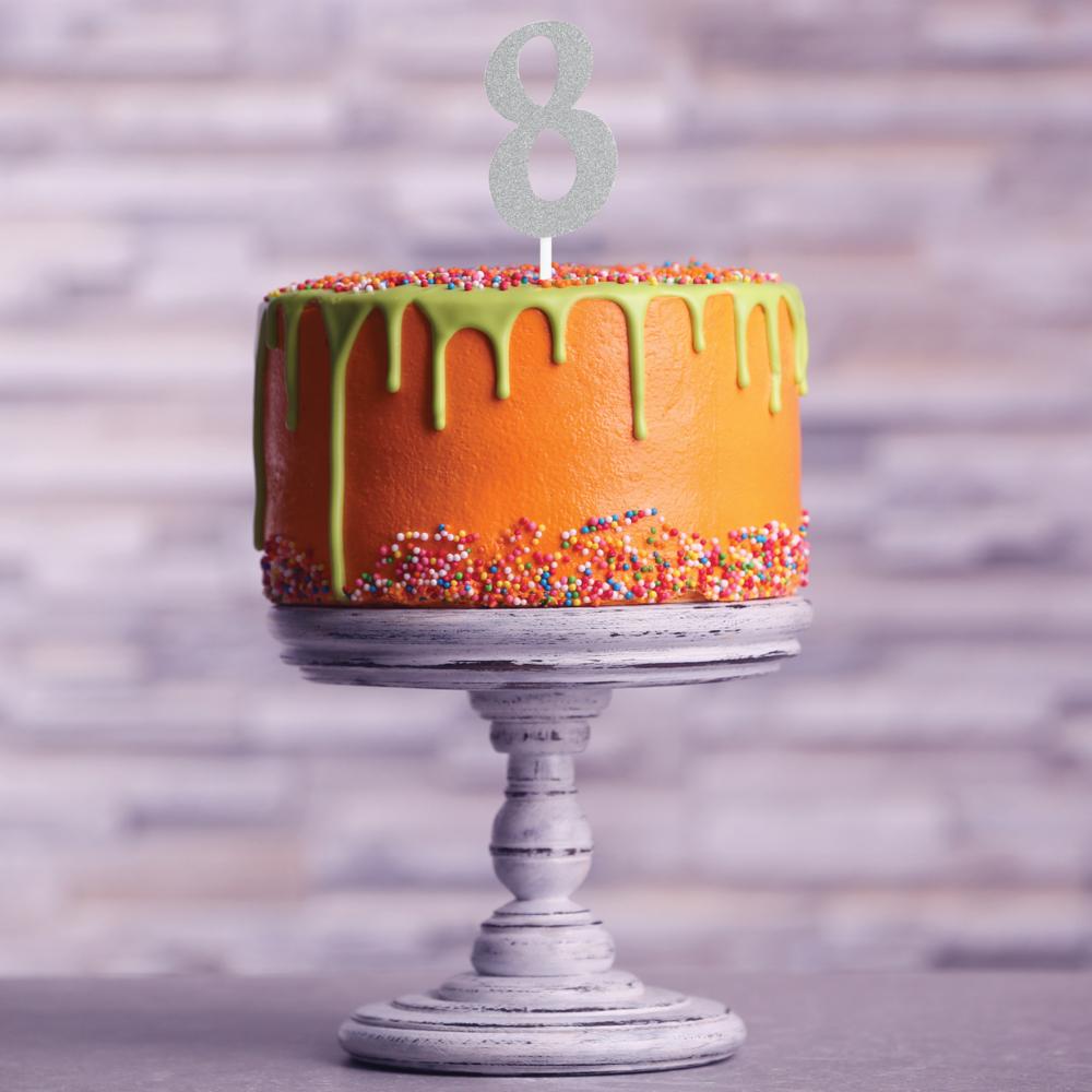 Silver Glitter 8 Cake Topper - Any Occasion Decor Party Decoration