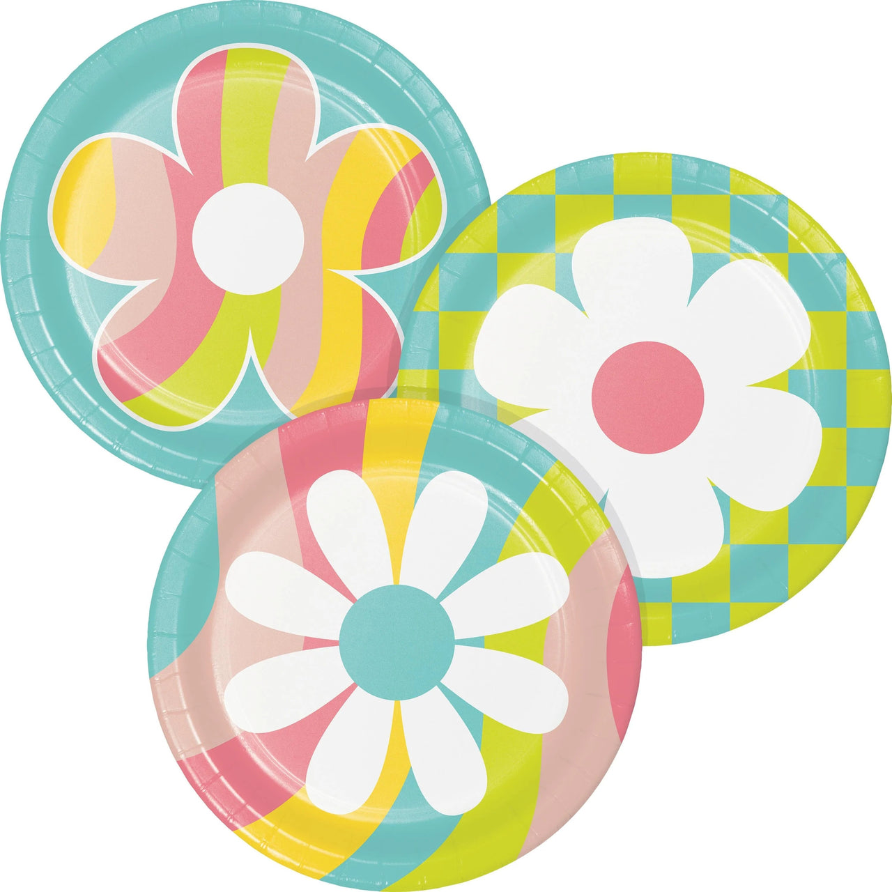 96 pc Bulk Flower Power 6.75 Inch Dessert Plate, Assorted Designs - Birthday Party Supplies by Creative Converting