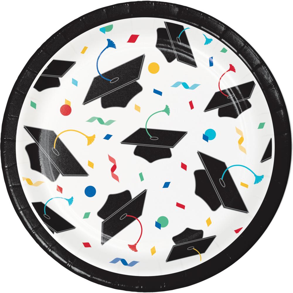 96 pc Bulk Grad Cap Toss Paper 7" Dessert Plate - Graduation Party Supplies by Creative Converting