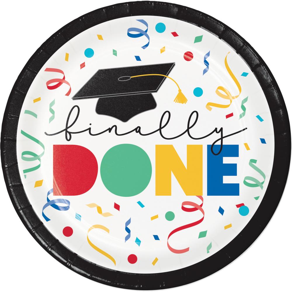 96 pc Bulk Grad Cap Toss "Done" Paper 7" Dessert Plate - Graduation Party Supplies by Creative Converting
