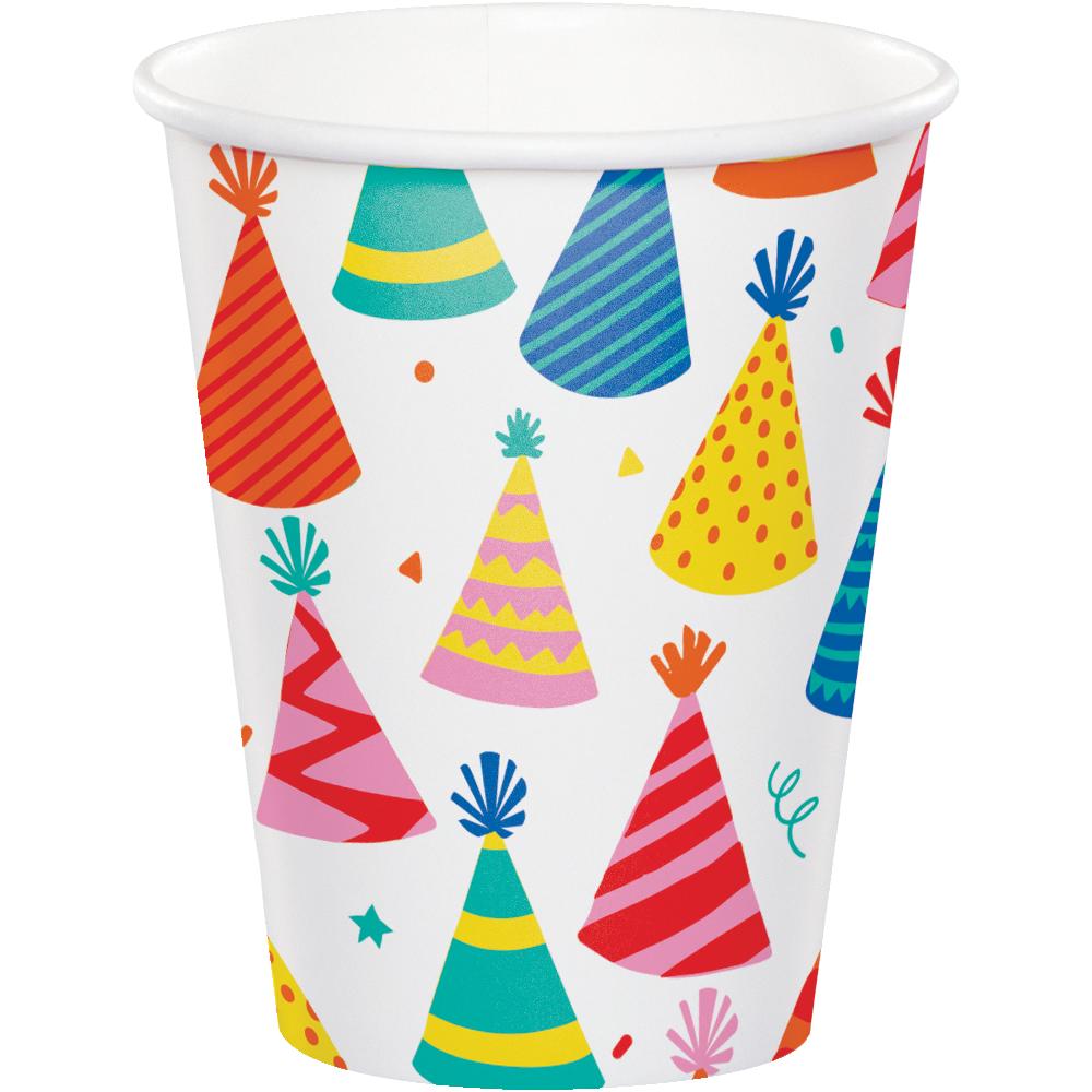 Hats Off Birthday Paper Hot/Cold Cup 9oz. (Case of 96) - Birthday Party Supplies by Creative Converting