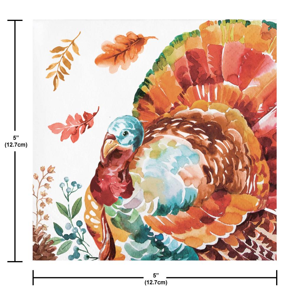 Colorful turkey design with autumn leaves on a white background