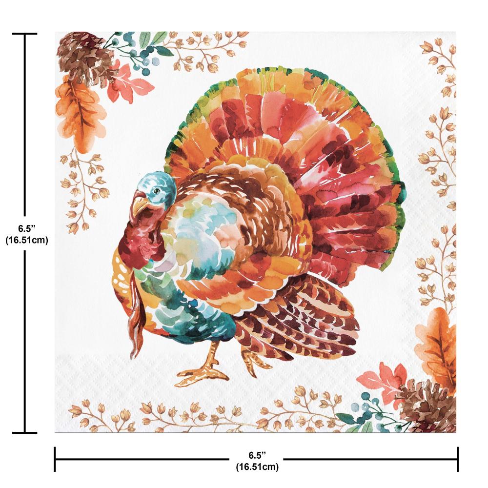 Colorful turkey design with floral elements and measurements on a white background