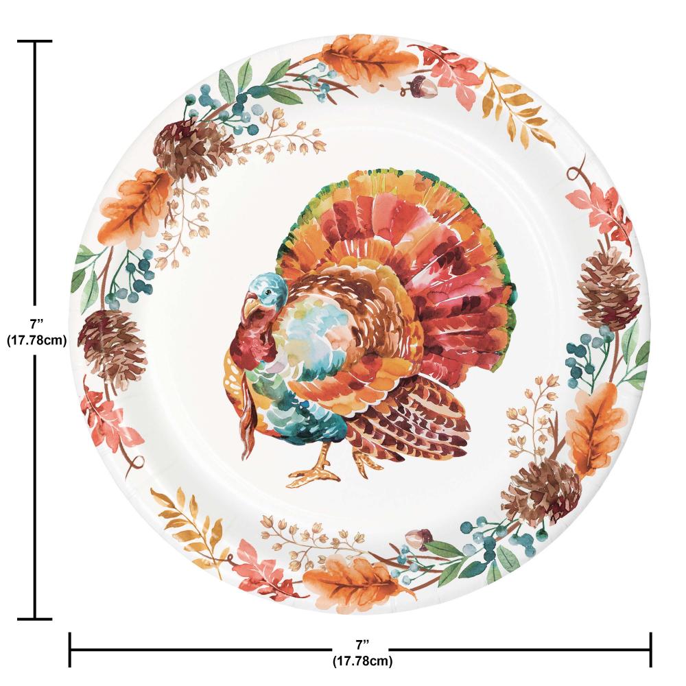 Decorative plate with a turkey design and autumn leaves, measurements indicated.