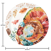 Colorful turkey design on a paper plate with measurements