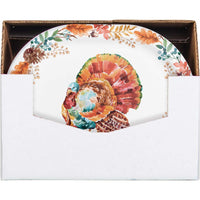 Decorative plate with a turkey design and autumn leaves, shown with dimensions.