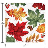 Pattern of autumn leaves with measurements on a white background