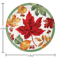 Round paper plate with autumn leaf design and measurements
