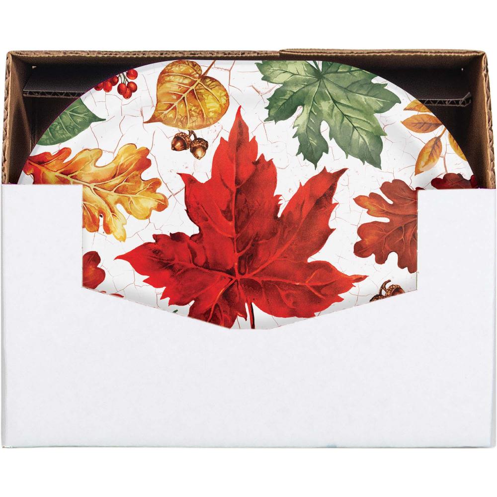 Round platter with autumn leaf design and measurements on a white background