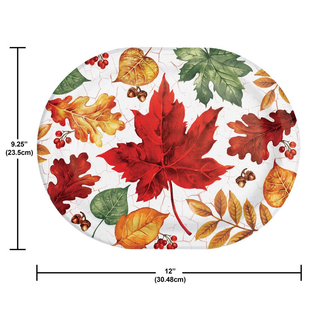Round platter with autumn leaf design and measurements on a white background