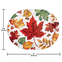 Round platter with autumn leaf design and measurements on a white background