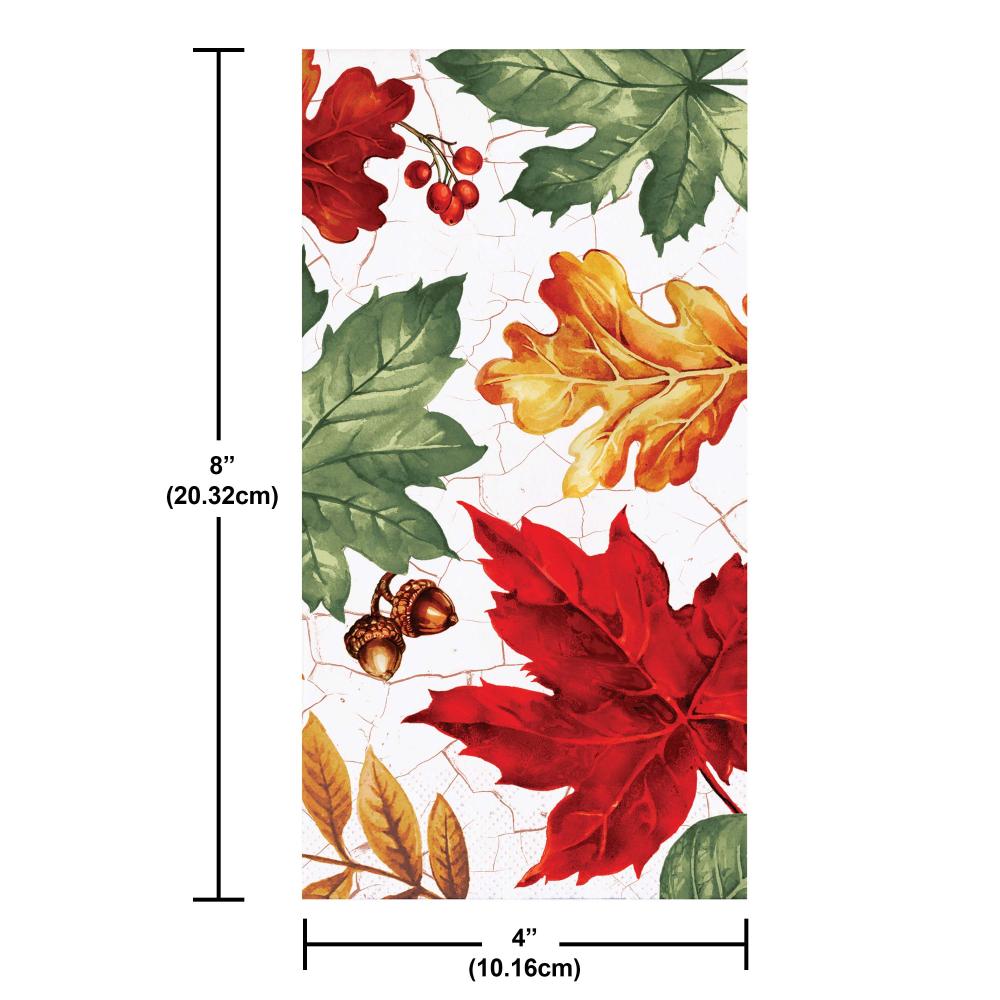 Decorative paper with autumn leaf design and measurements on a white background