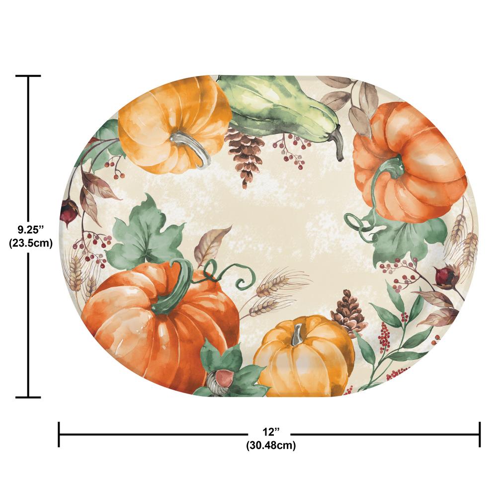 Round plate with pumpkin design and measurements on a white background