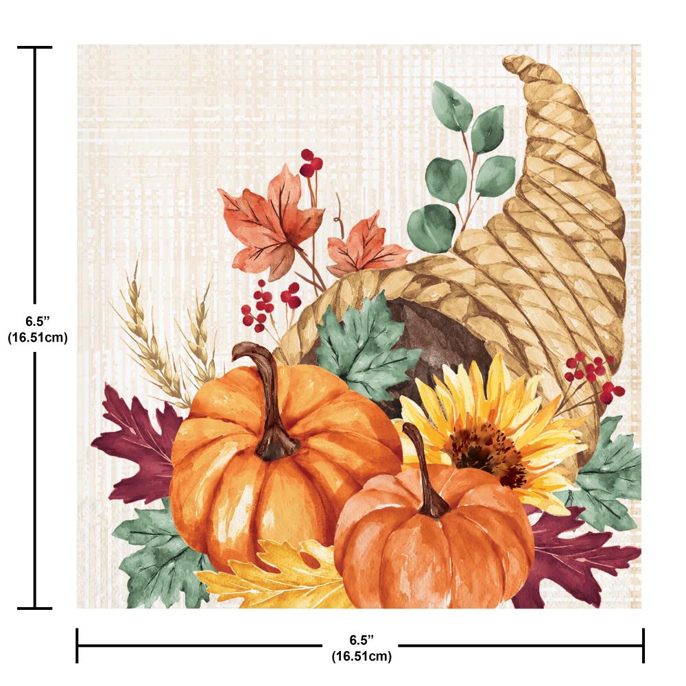 Decorative mat with pumpkins, cornucopia, and autumn leaves with measurements.