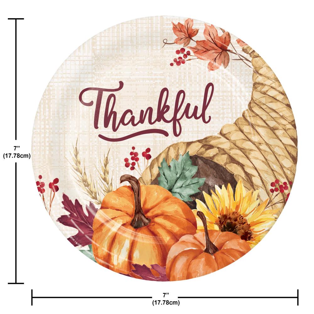 Round plate with 'Thankful' text, pumpkins, sunflower, and cornucopia design with measurements.