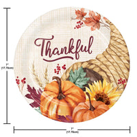 Round plate with 'Thankful' text, pumpkins, sunflower, and cornucopia design with measurements.