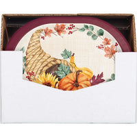 Round decorative mat with autumn-themed design featuring pumpkins, sunflowers, and leaves on a white background.