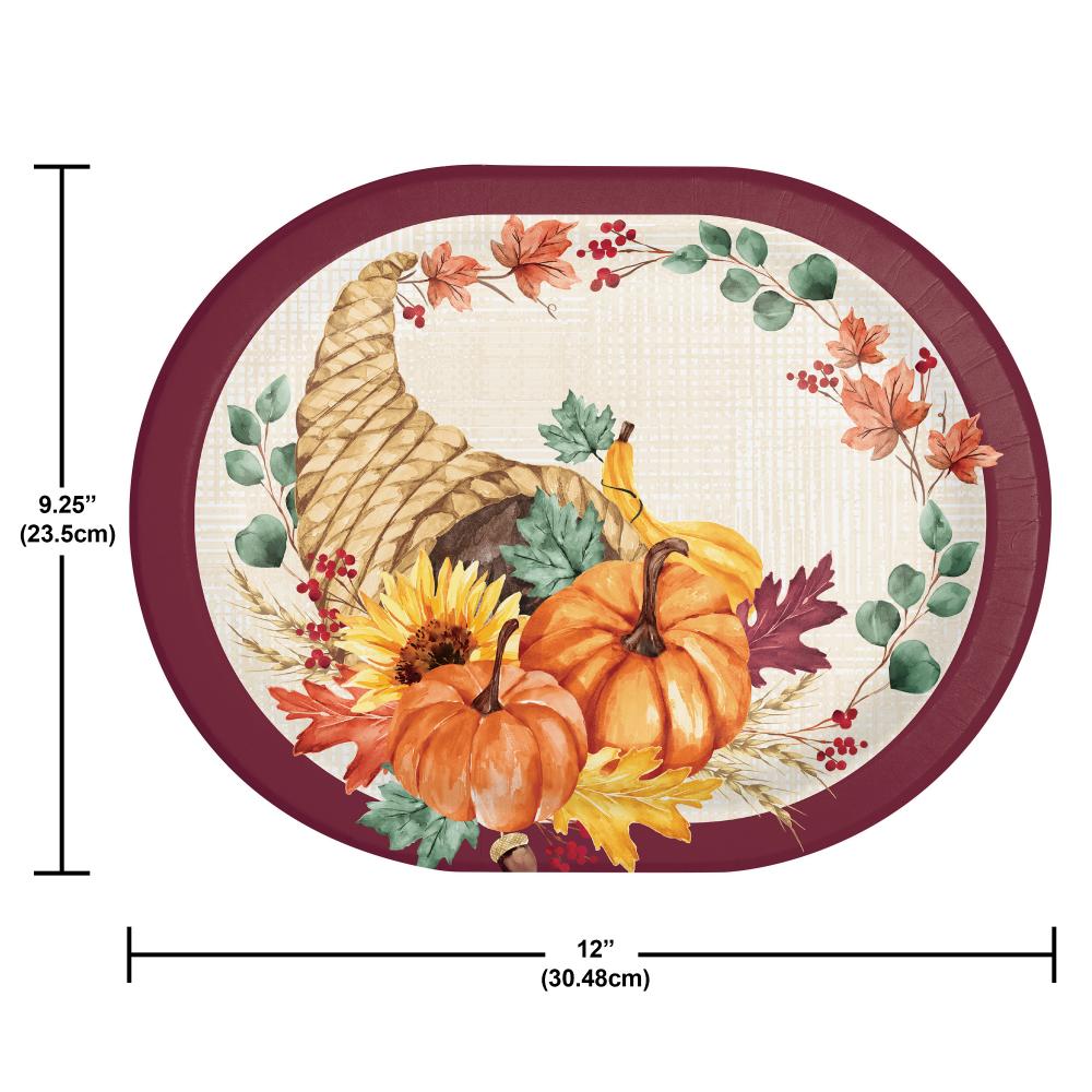 Round decorative mat with autumn-themed design featuring pumpkins, sunflowers, and leaves on a white background.