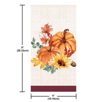 Decorative item with pumpkins, sunflower, and leaves on a textured background with measurements.