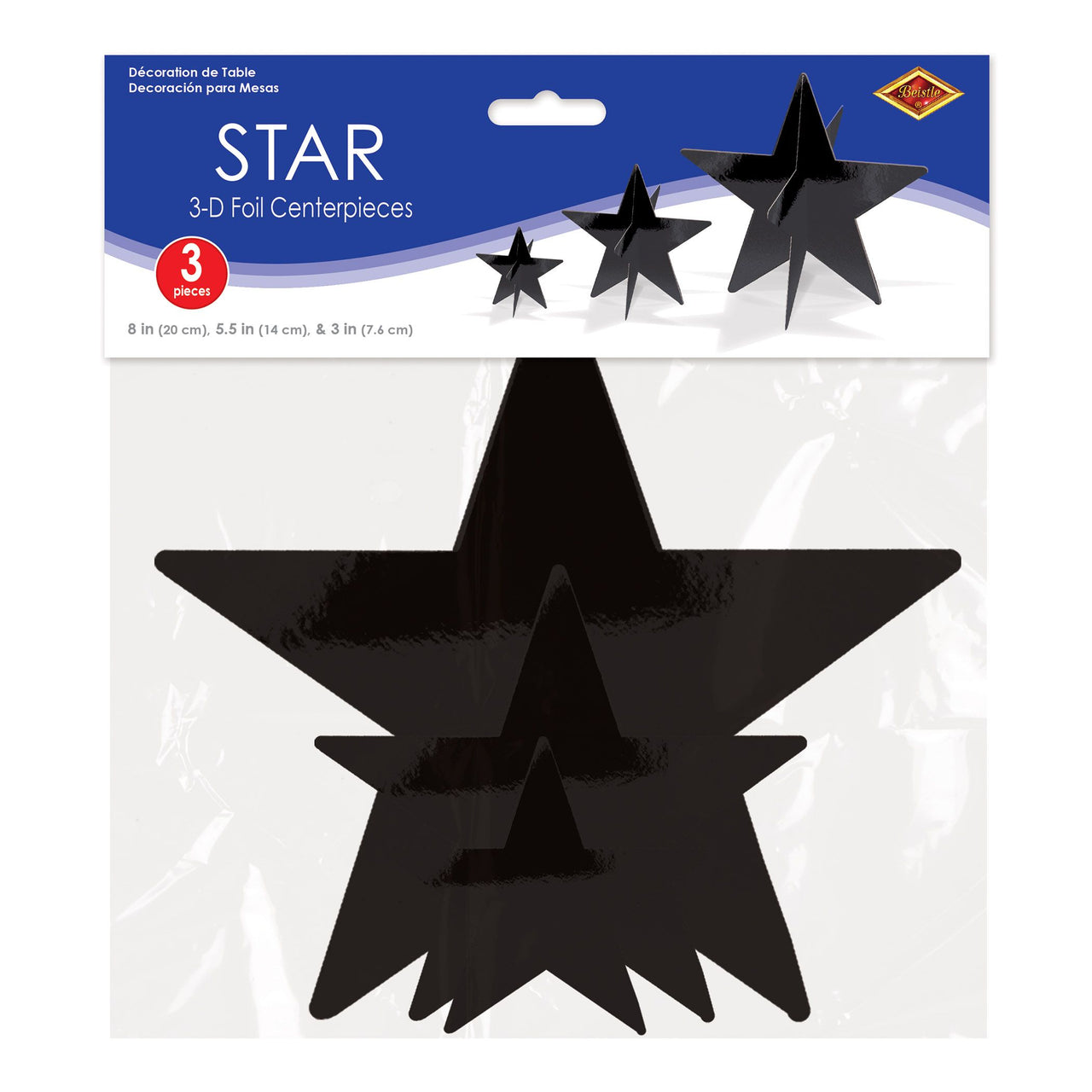 3D Foil Star Centerpieces - Black Assorted Sizes (3/Pkg)