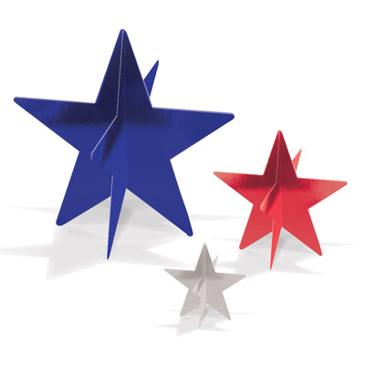 Patriotic 3D Star Centerpieces - Red, Silver & Blue (3-Pack)