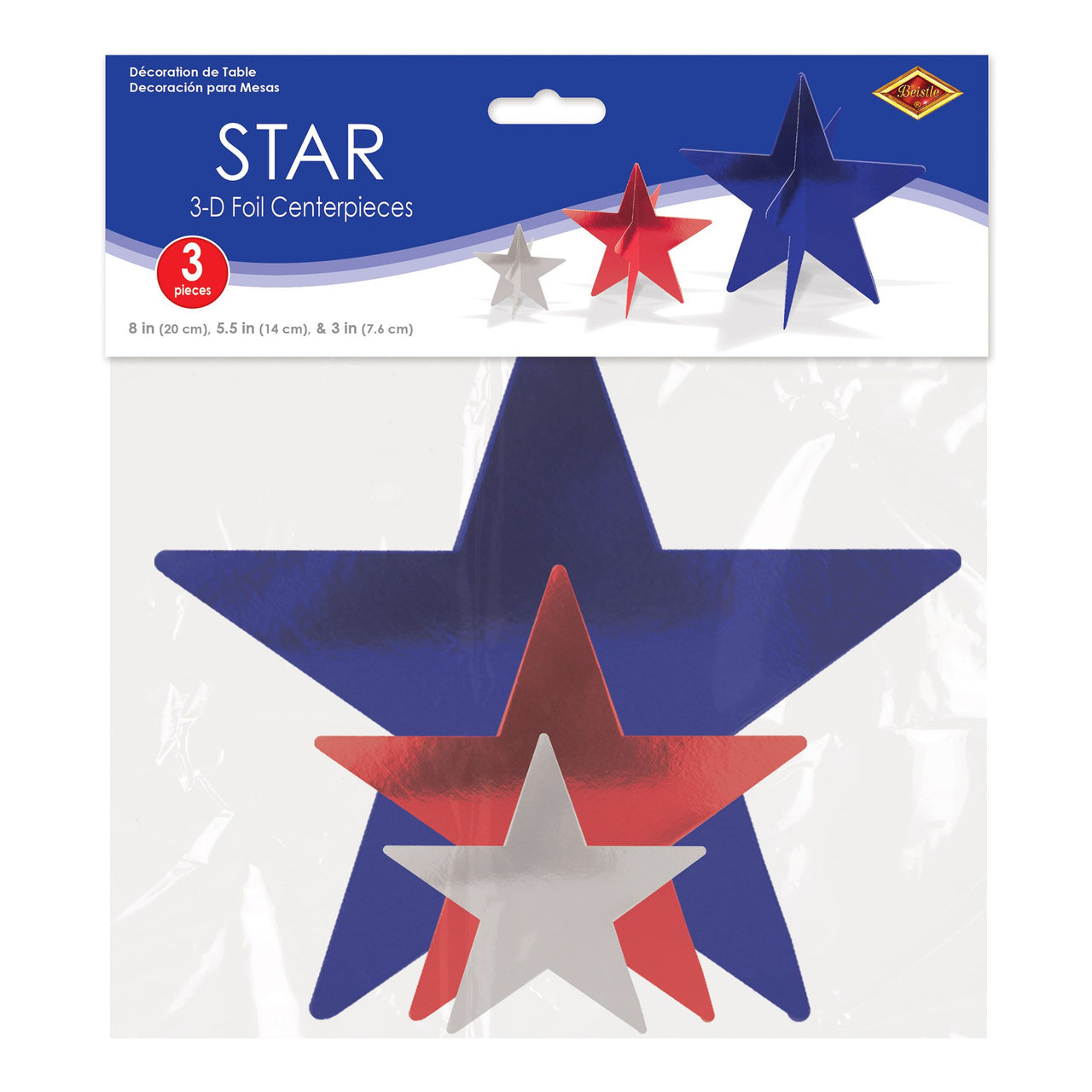 Patriotic 3D Star Centerpieces - Red, Silver & Blue (3-Pack)