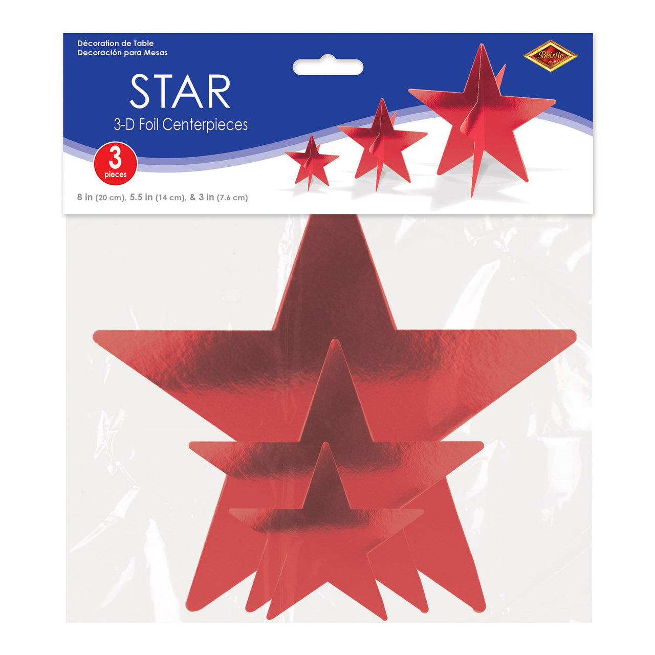 3D Red Foil Star Centerpieces - Assorted Sizes (3-Pack)