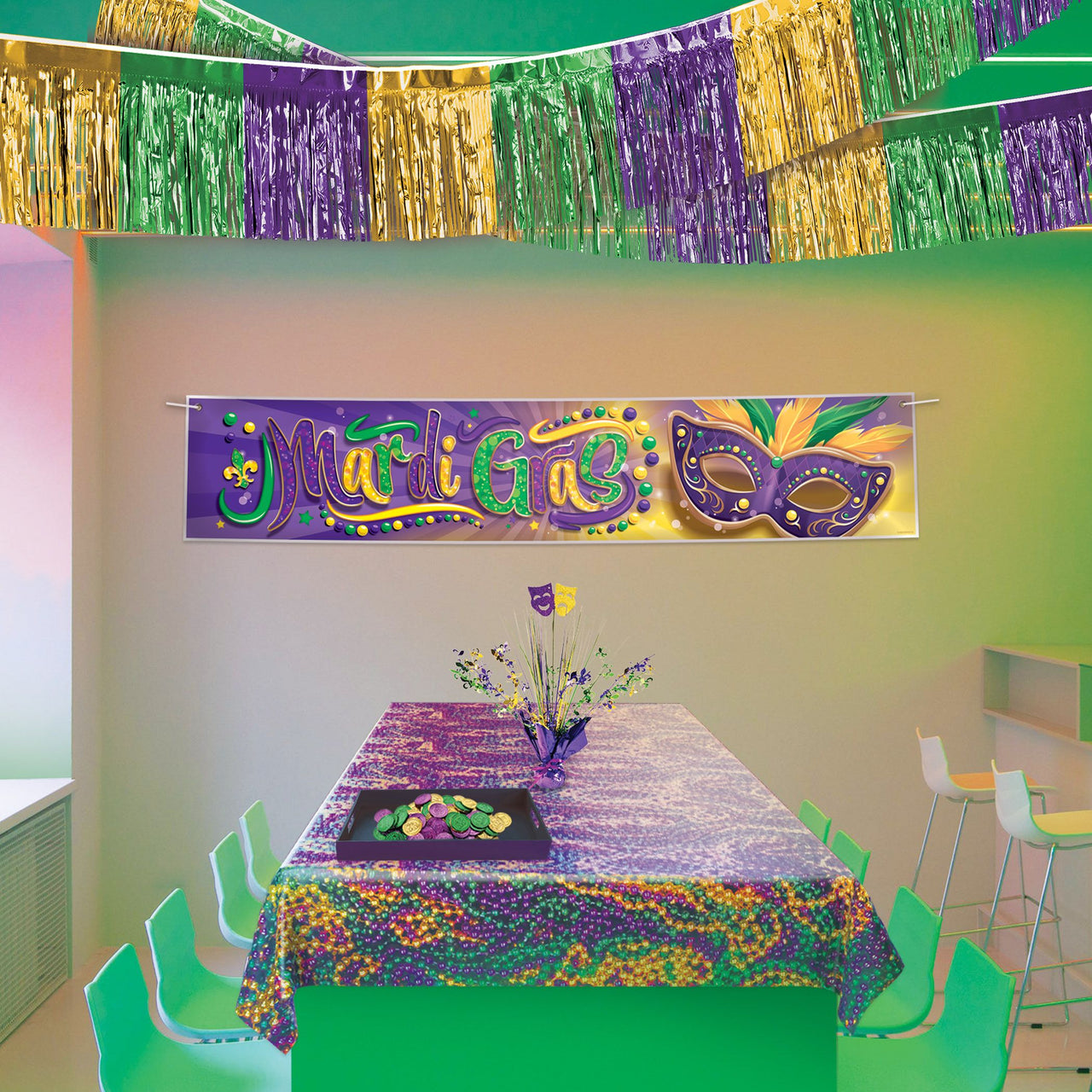 Mardi Gras Metallic Fringe Drape - Gold, Green, Purple (15"x10')
