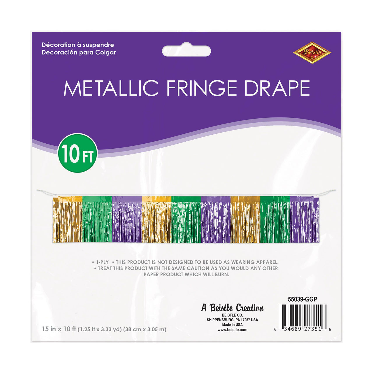 Mardi Gras Metallic Fringe Drape - Gold, Green, Purple (15"x10')