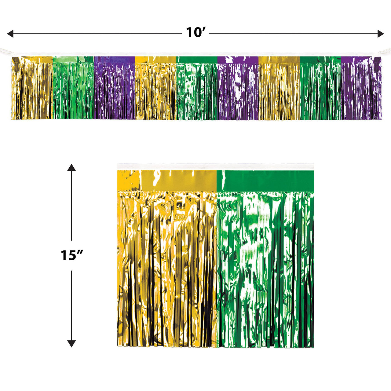 Mardi Gras Metallic Fringe Drape - Gold, Green, Purple (15"x10')