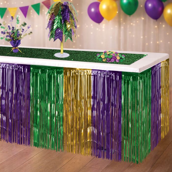 Mardi Gras Metallic Table Skirt - Gold, Green, Purple
