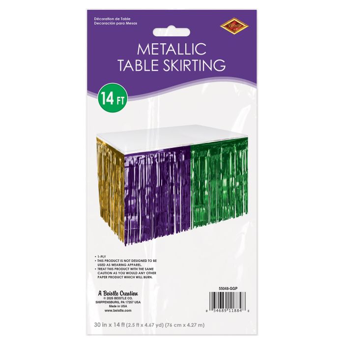 Mardi Gras Metallic Table Skirt - Gold, Green, Purple