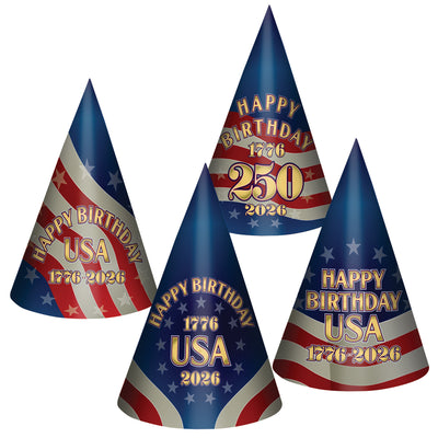 4-Pack Semiquincentennial Cone Hats - Patriotic Party Favors