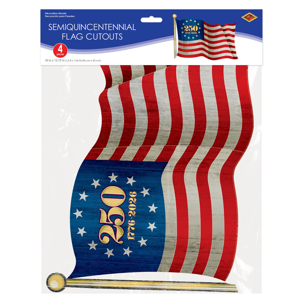 Semiquincentennial Flag Cutouts - Patriotic Decorations (4-Pack)
