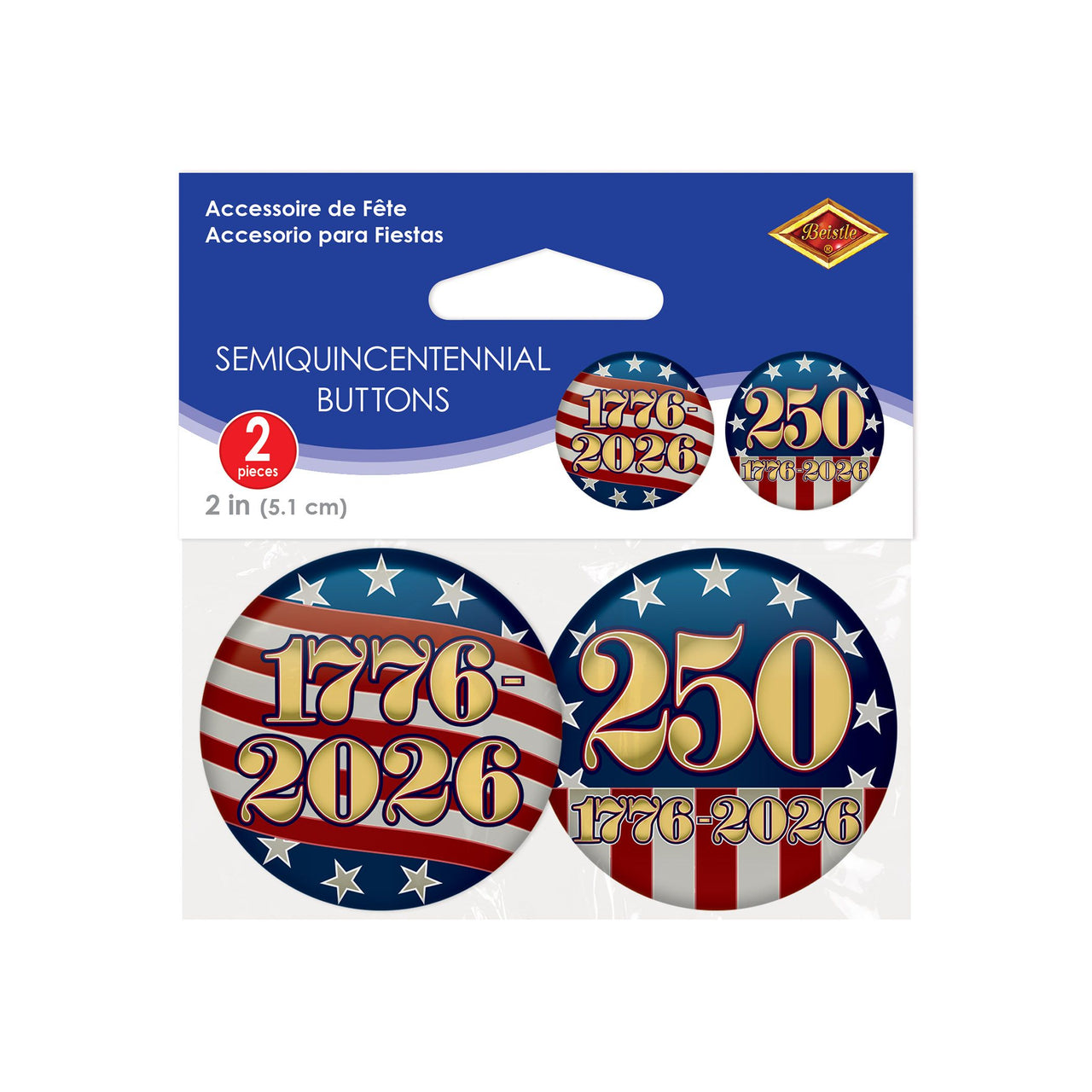 Semiquincentennial Patriotic Buttons - 2 Inch (2/Pkg)