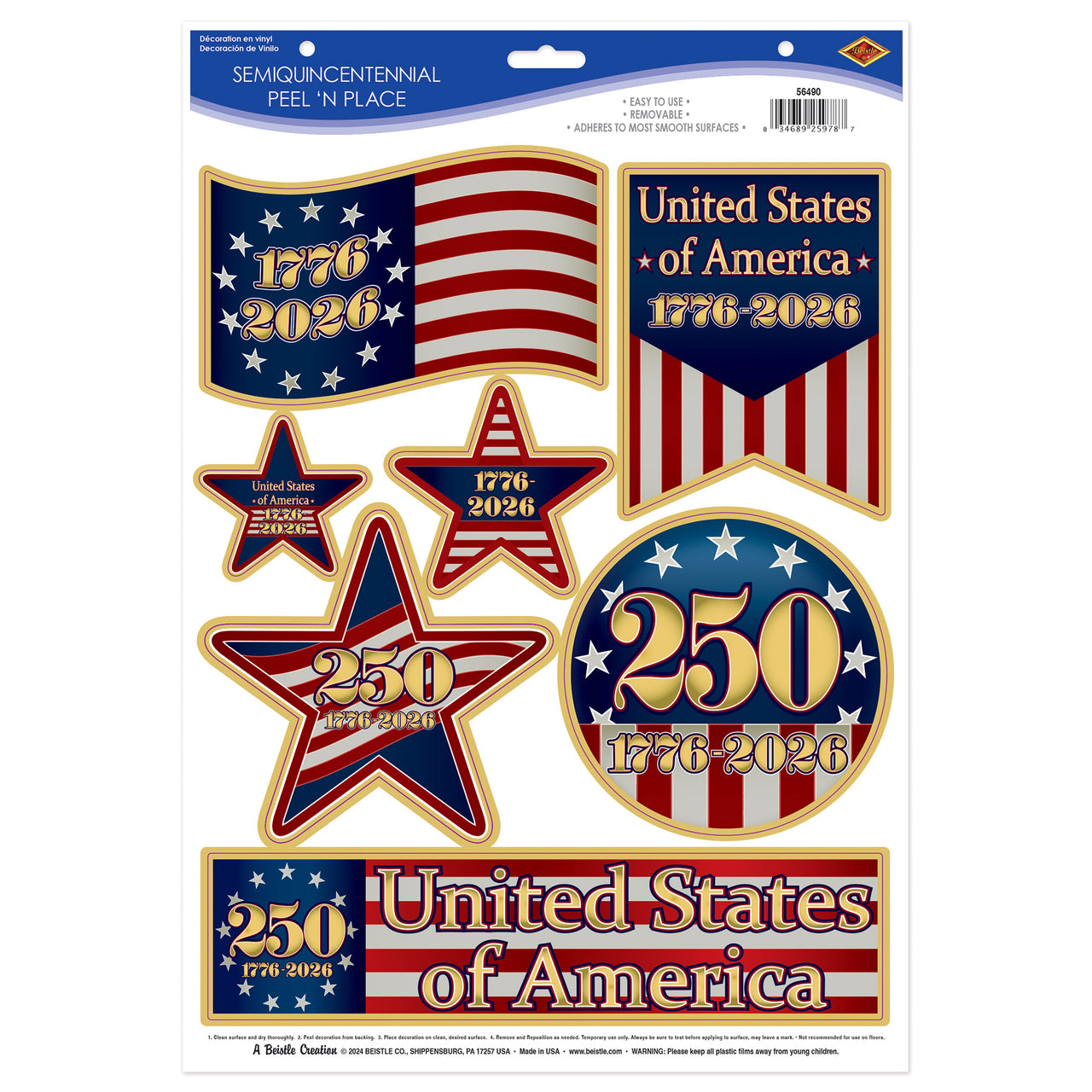 Semiquincentennial Peel 'N Place, 12" x 17" Sh, Peel 'N Place, Patriotic