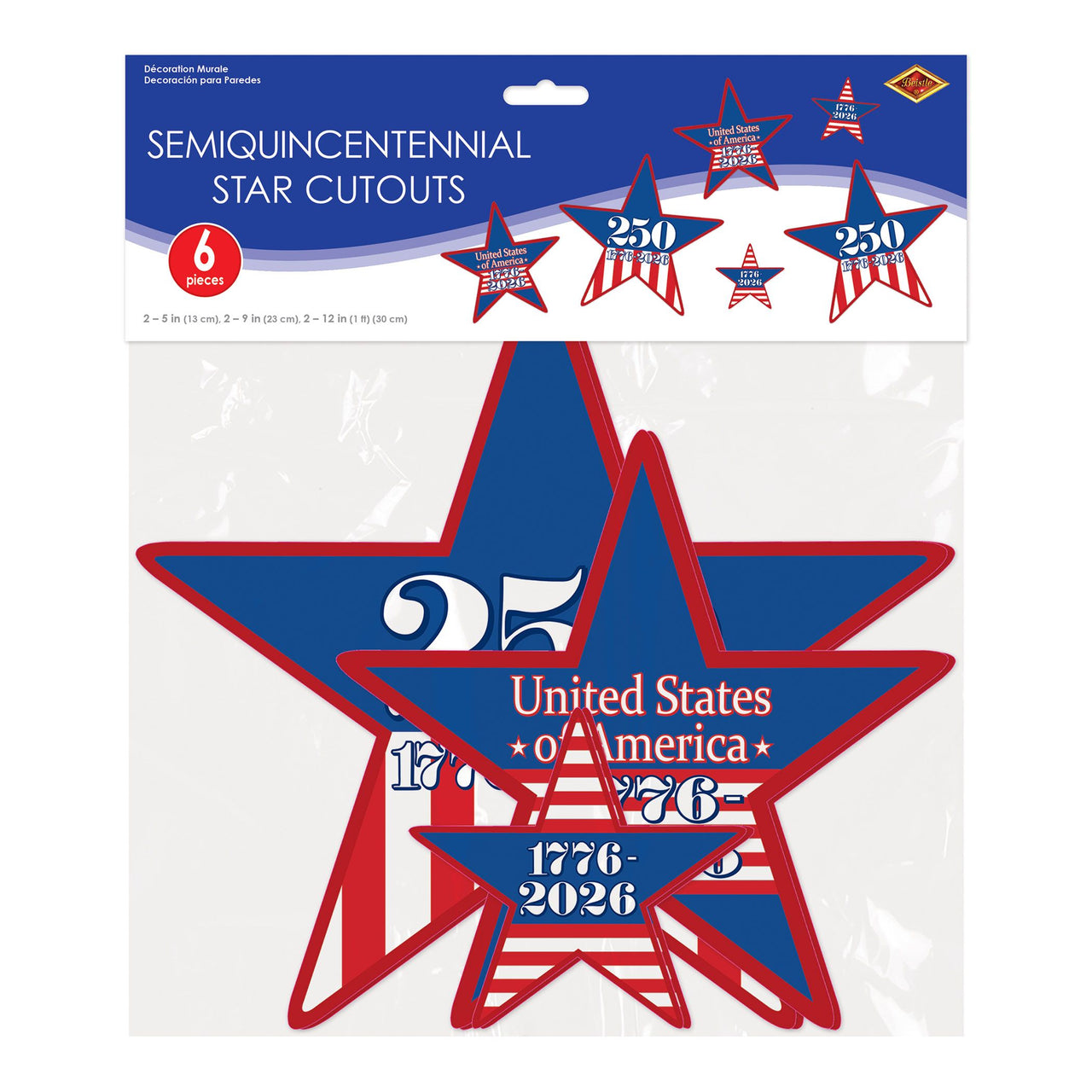 Patriotic Semiquincentennial Star Cutouts - Assorted Sizes