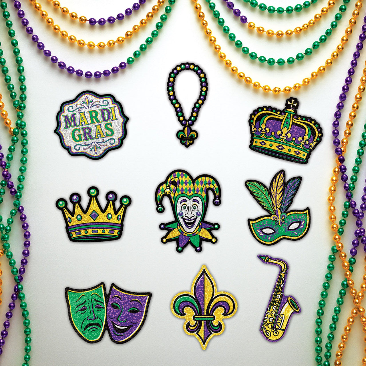 Mini Mardi Gras Glitter Cutouts - Double-Sided Decor (9-Pack)