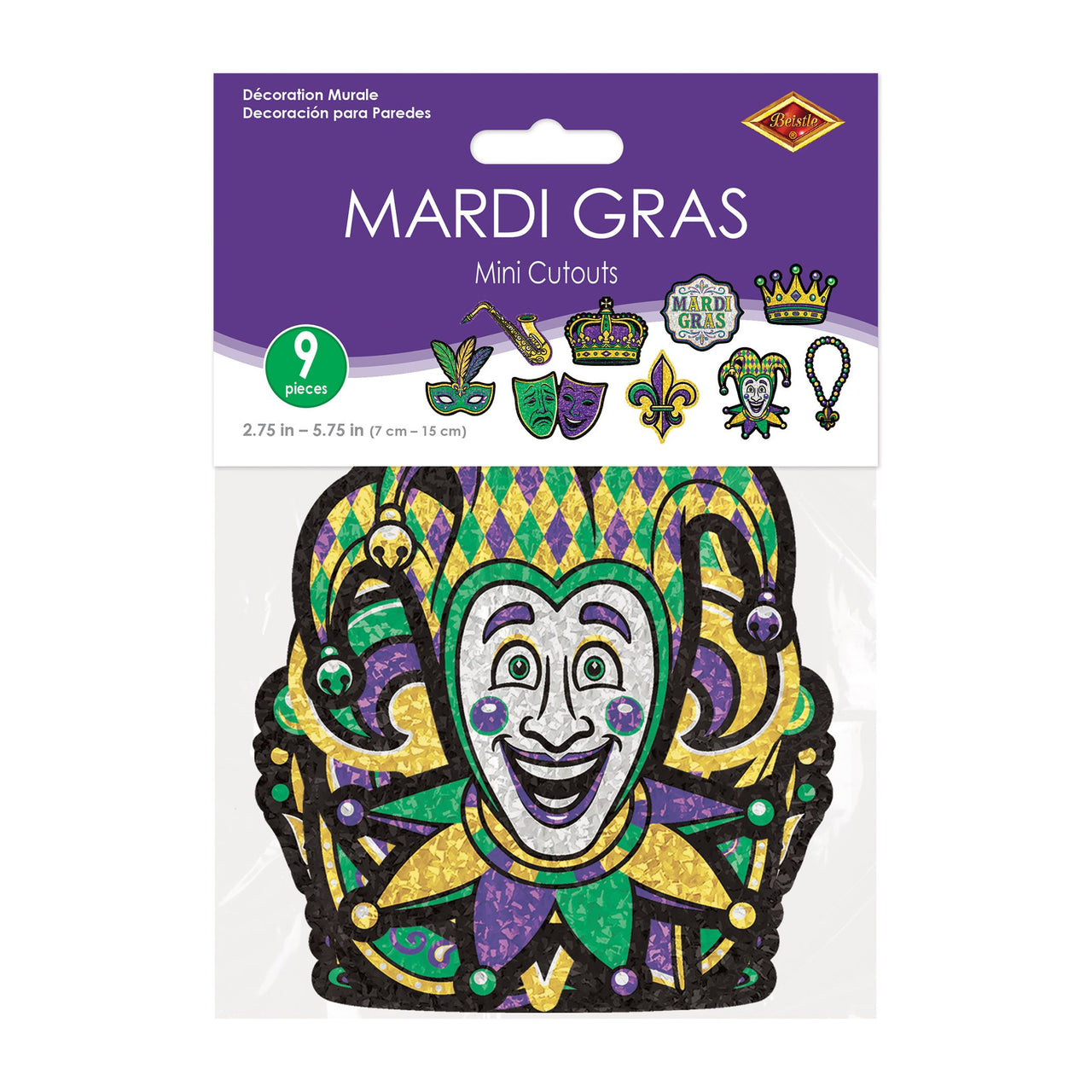 Mini Mardi Gras Glitter Cutouts - Double-Sided Decor (9-Pack)