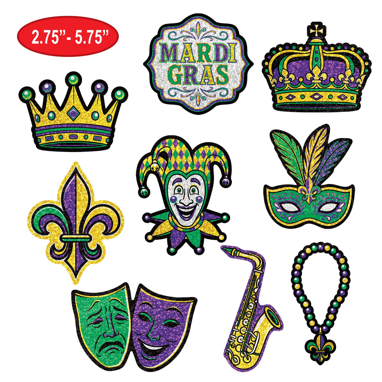 Mini Mardi Gras Glitter Cutouts - Double-Sided Decor (9-Pack)