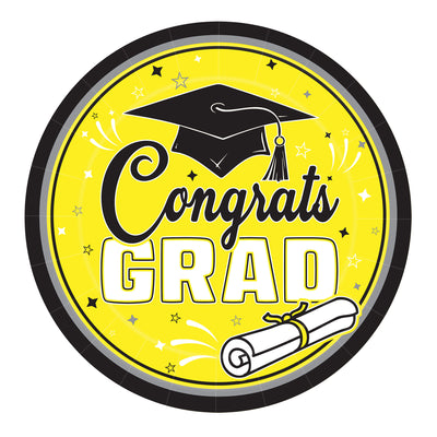9" Yellow "Congrats Grad" Dinner Plates (18-Count) - Graduation Party