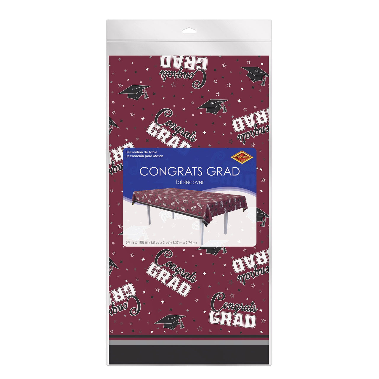 Congrats Grad Burgundy Plastic Tablecover - 54" x 108"