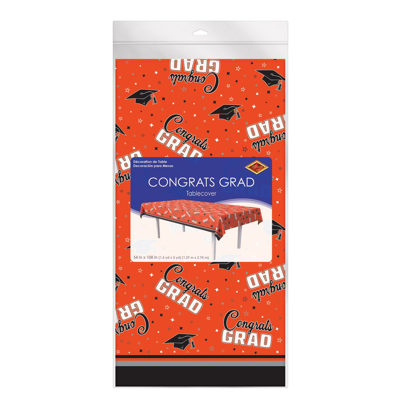 Orange Congrats Grad Plastic Tablecover - 54" x 108"