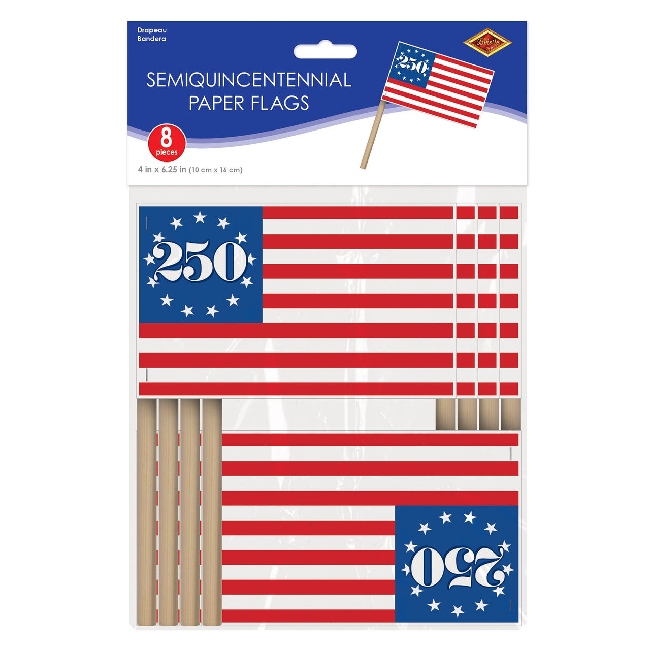 Semiquincentennial Paper Flags - 8 Pack with Wooden Sticks