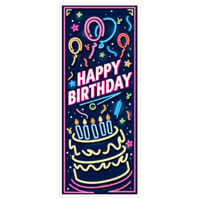 Neon Happy Birthday Door Cover, 6' x 30", Hanging Decorations, Birthday