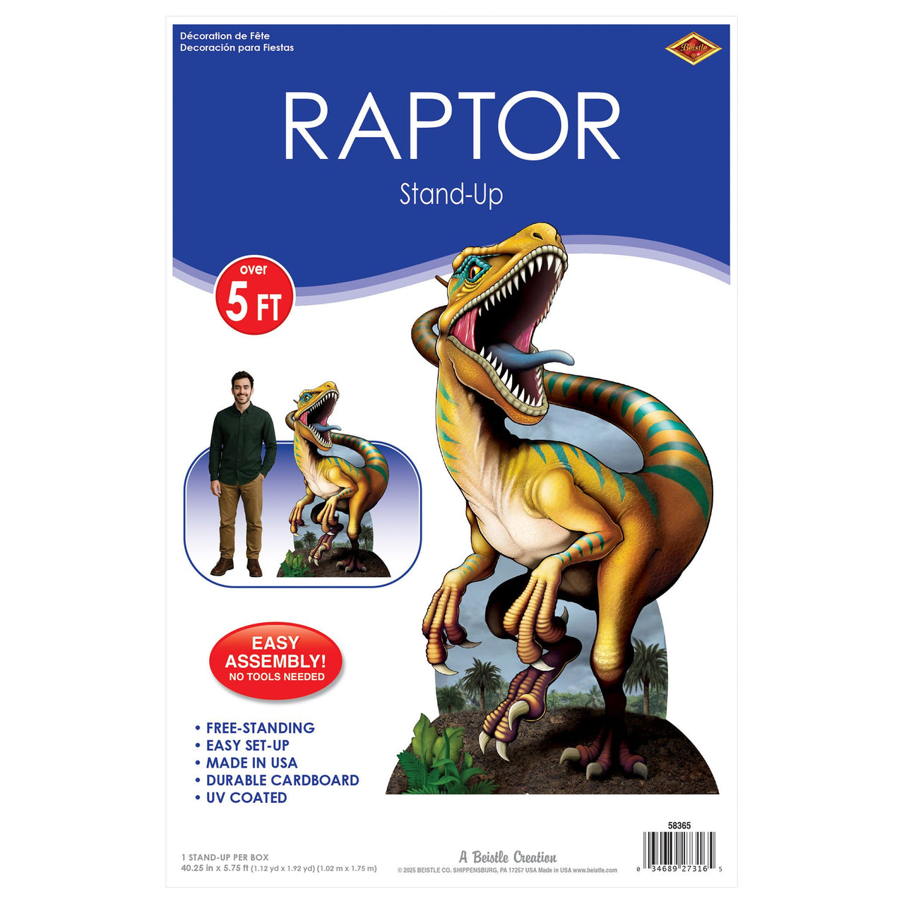 Raptor Dinosaur Stand-Up Easel - 5ft 9in Prop Decor